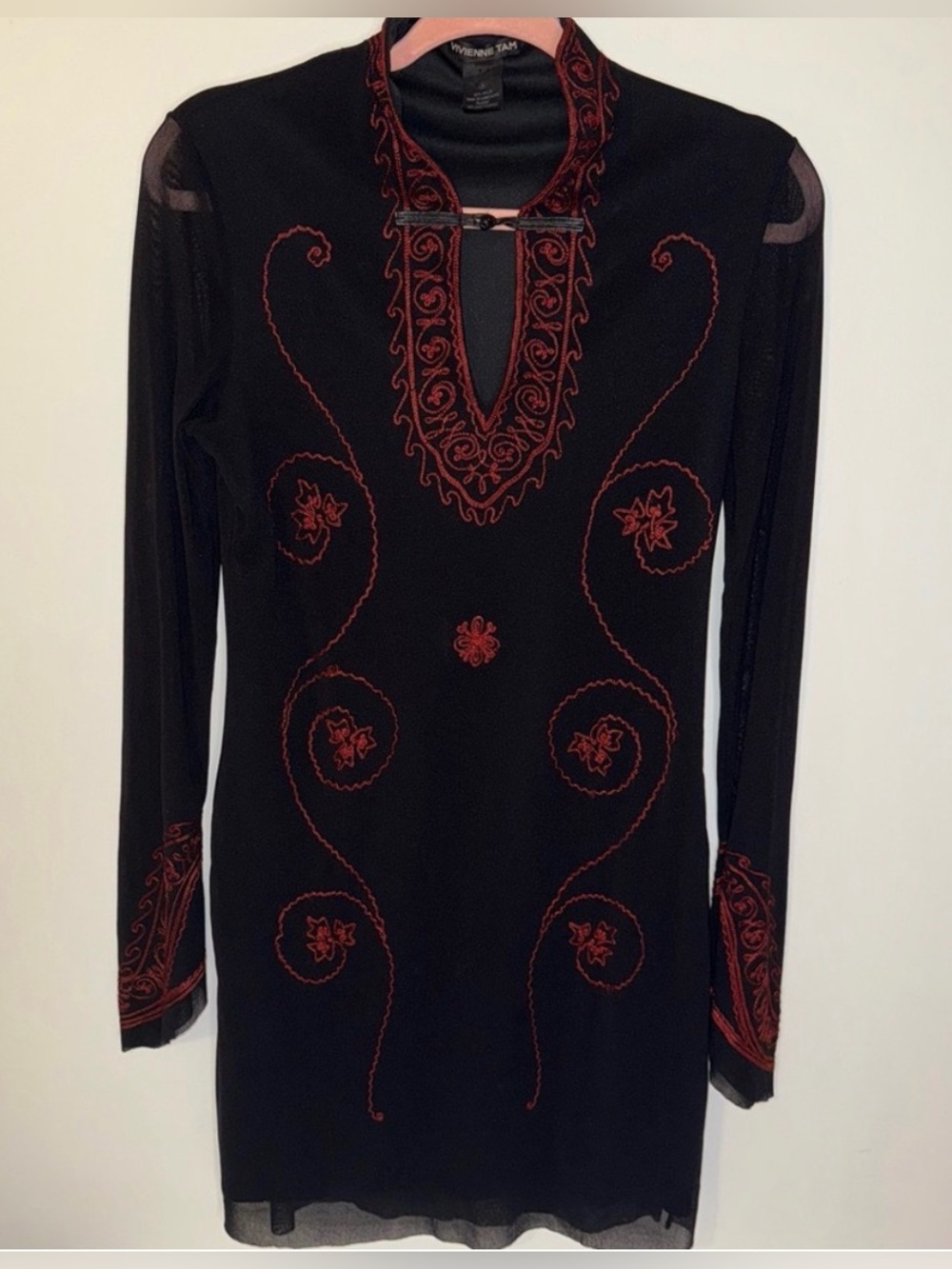 Vivienne Tam vintage black mesh tunic w/ red embroidery sz VT 3/US 6 has stretch
